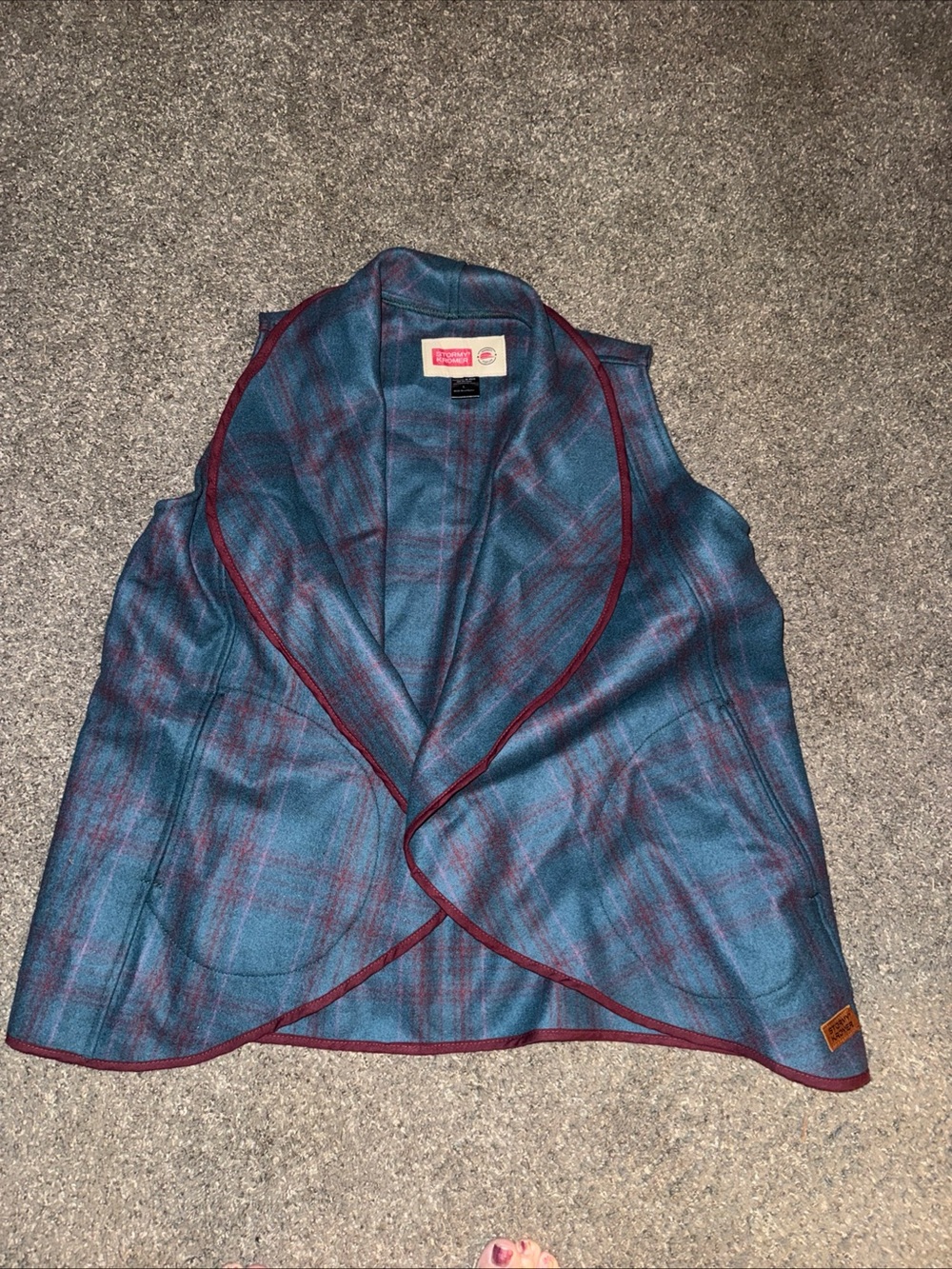 Blue Plaid Sleeveless Wrap Vest with Burgundy Trim